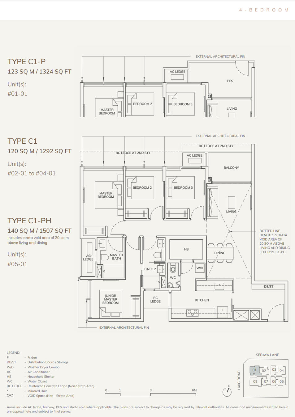 4 Bedroom: 1292-1507sqft (129-140 sqm) Stack 01, Type C1-P / C1 / C1-PH