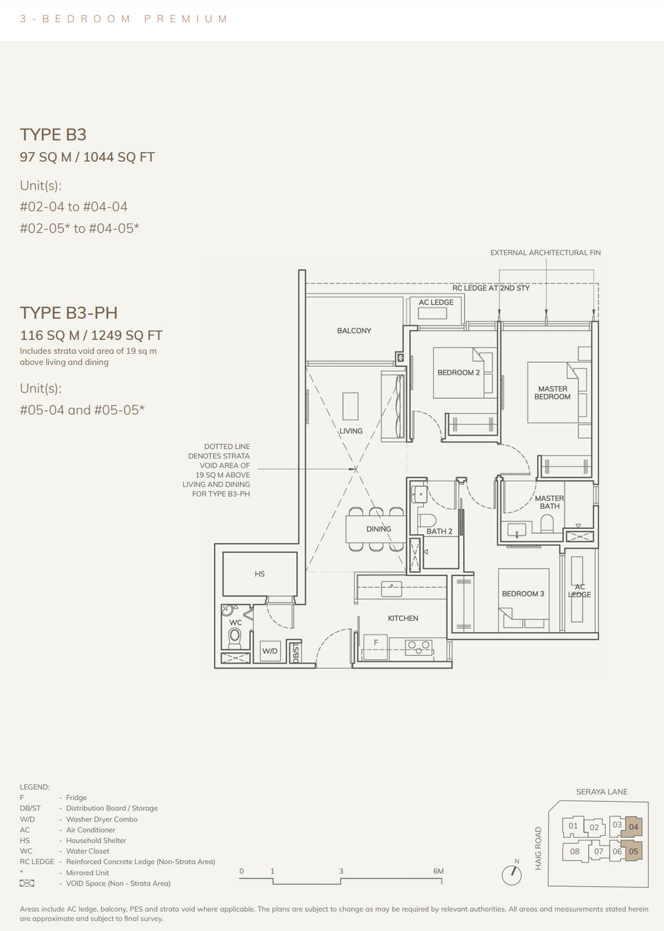 3 Bedroom Premium: 1044-1249 sqft (97-116 sqm) Stack 04 / 05, Type B3 / B3-PH