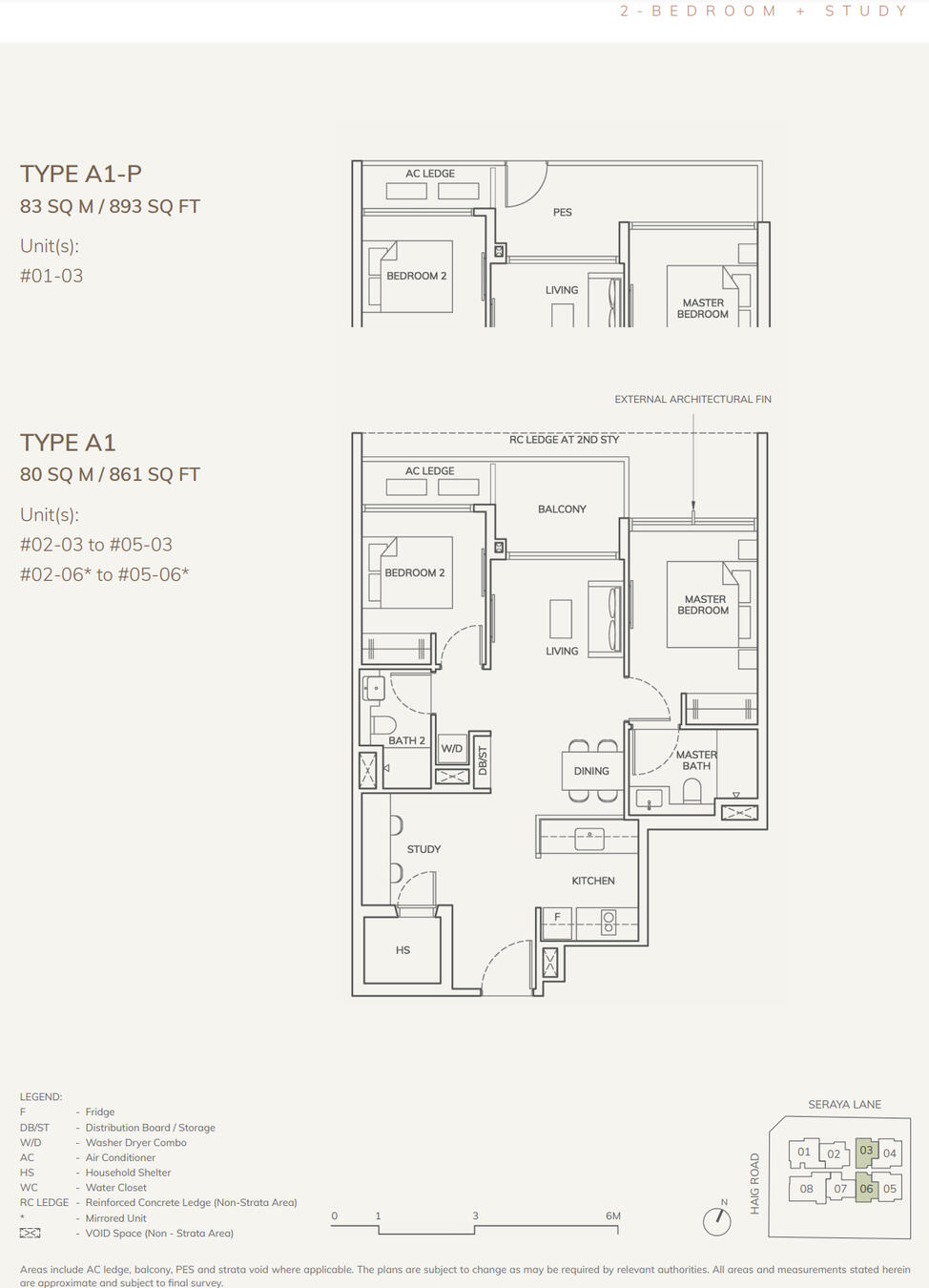 2 Bedrooms + Study: 861-893 sqft (80-83 sqm) Stack 03 & 06, Type A1-P / A1
